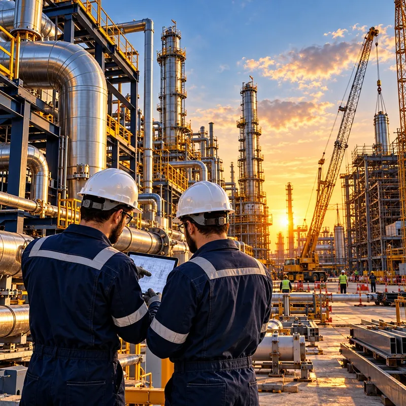 مهندسون يراجعون الحلول الهندسية في منشأة صناعية